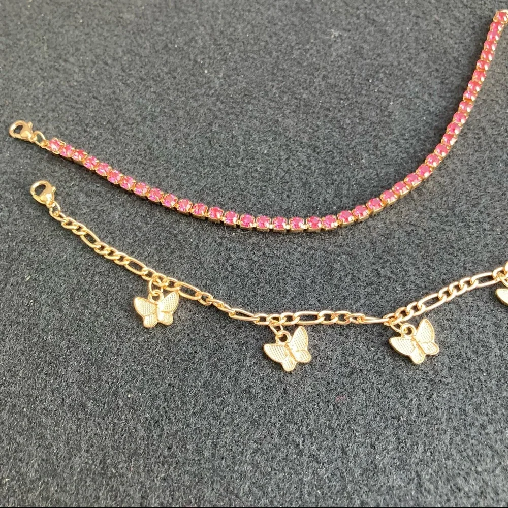 Gold Toned Butterfly & Pink Rhinestone Anklet Set - Picture 5 of 6